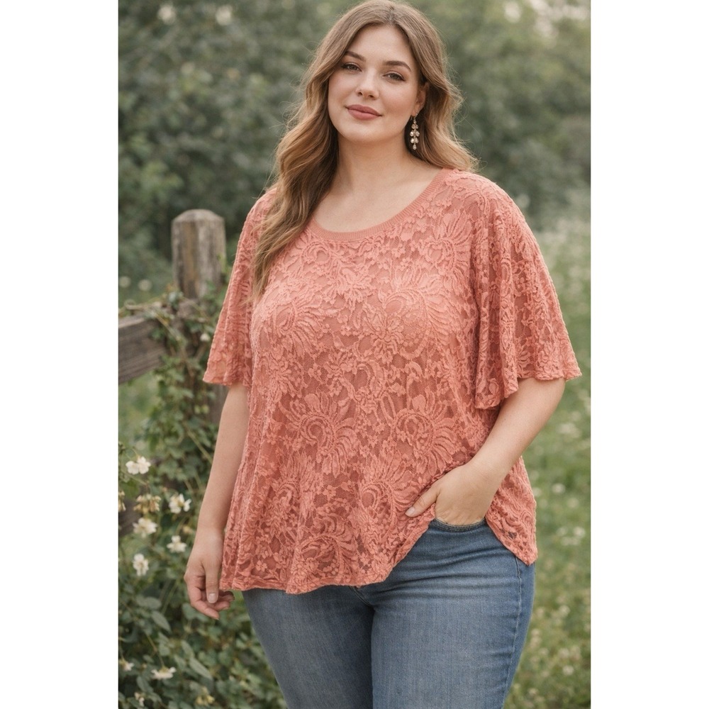 Torrid Lace Top Size 5‎ Plus Coral Boho Romantic Flowy Blouse